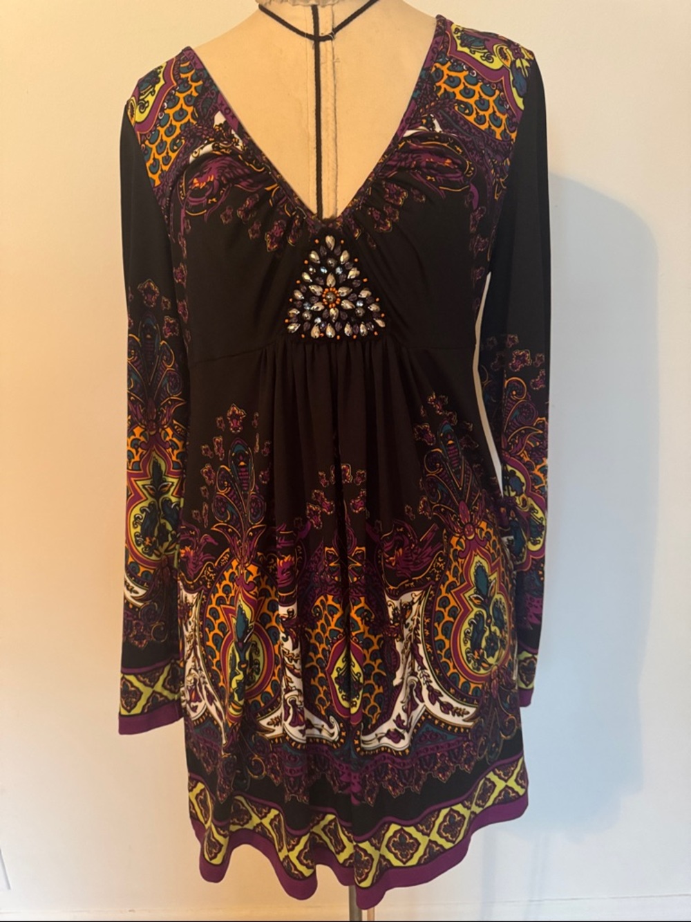 ECI Black Long-Sleeve V-Neck Dress with Purple and Yellow Paisley